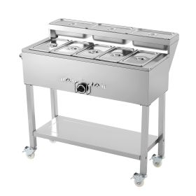 Commercial Propane Steam Table, 5 Food Pans & 3 Condiment Pans, LP Gas Outdoor Soup Warmer with Drain Valve and 3" Wheels