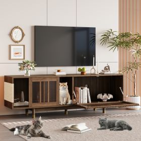 Mid-Century Modern Style 2 IN 1 Cat Furniture 74 Walnut TV STAND With Sliding Flip-down Glass Door, Cat House Litter Box With Sisal Scratcher Boa (Option: Walnut)