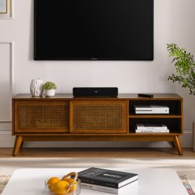59 Inch Mid Century Modern Rattan TV Stand For 65 Inch TV, Entertainment Cabinet, Media Console For Living Room Media Room, Solid Wood Feet & Rat (Option: Brown Ebony)