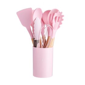 11pcs Wooden Handle Silicone Kitchen Utensils Set Storage Bucket Non-stick Shovel Spoon Cooking Kitchen Utensils 11 Pieces Set Silicone Shovel Sp (Color: Pink)
