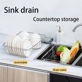 1pc Drain Rack; Drain Basket; Stainless Steel Kitchen Basket; Home Utensil Holder; Sink Basket; Retractable Sink Rack Suitable For Rectangular Si (size: L)